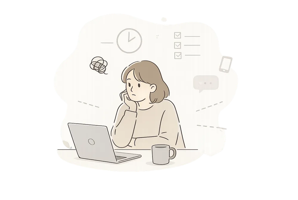 時計やタスクに囲まれ、手が止まっている様子のイラスト